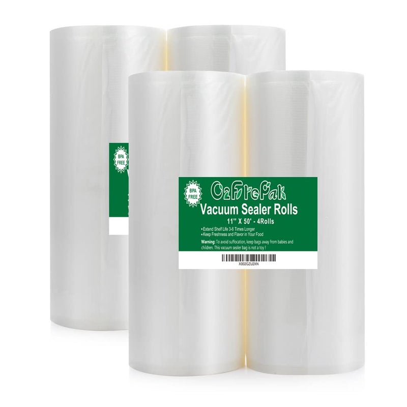 O2frepak 4Pack (Total 200Feet) 11x50 Rolls Vacuum Sealer Bags Rolls with BPA Free,Heavy Duty Vacuum Sealer Storage Bags Rolls,Cut to Size Roll,Great for Sous Vide - Image 1